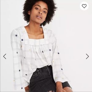 Embroidered Windowpane Square-Neck Button-Down Top